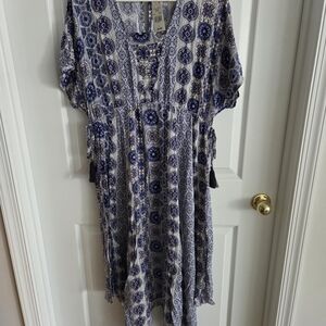 Alchemy Thread Blue & White Printed Tie-Front Midi Dress